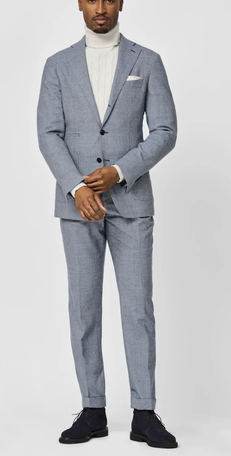 Drago Mixed Blues Natural Bi Stretch S130 Wool Micro Houndstooth