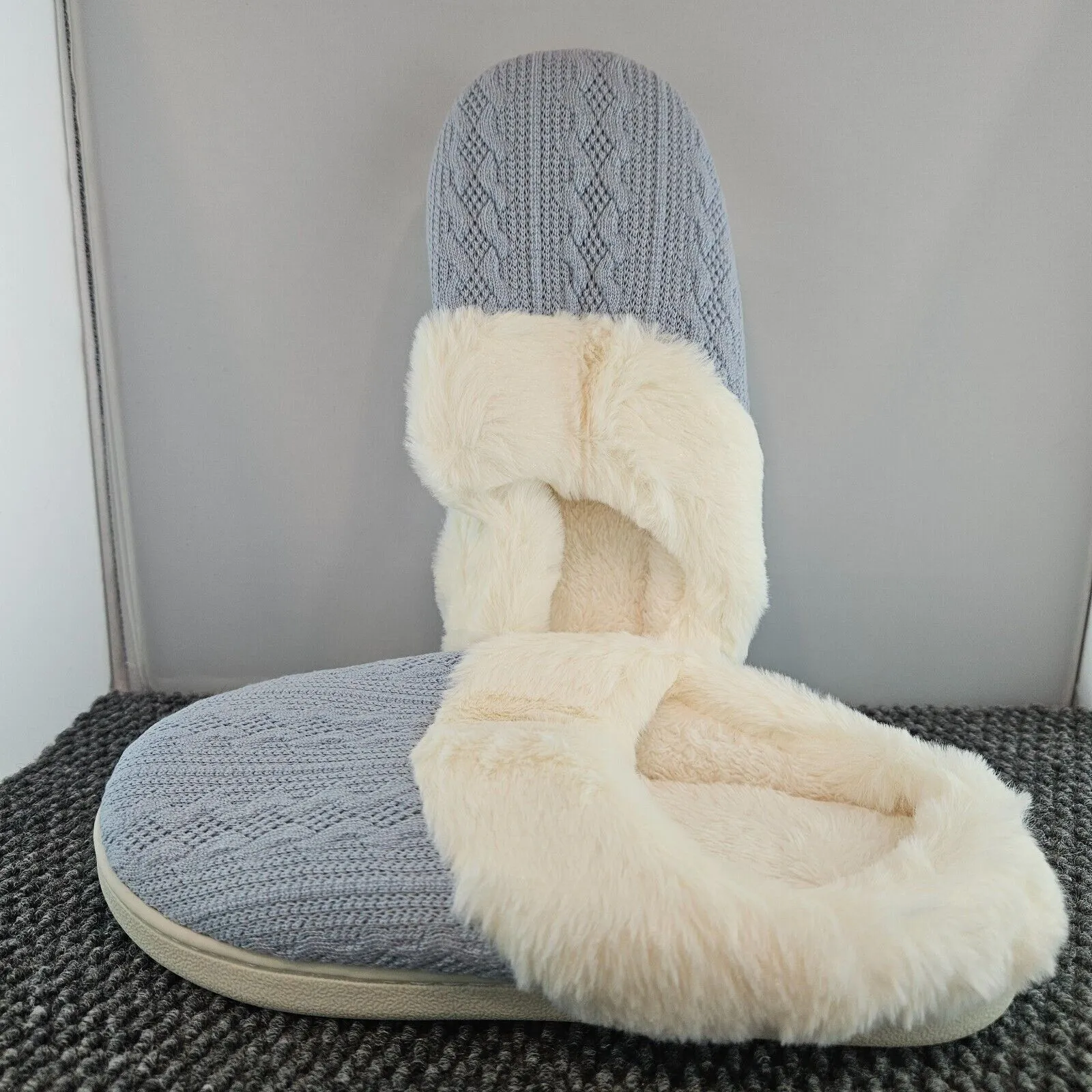 Faux Fur Knit Slippers For Women Lt. Sea Blue Size 7-8