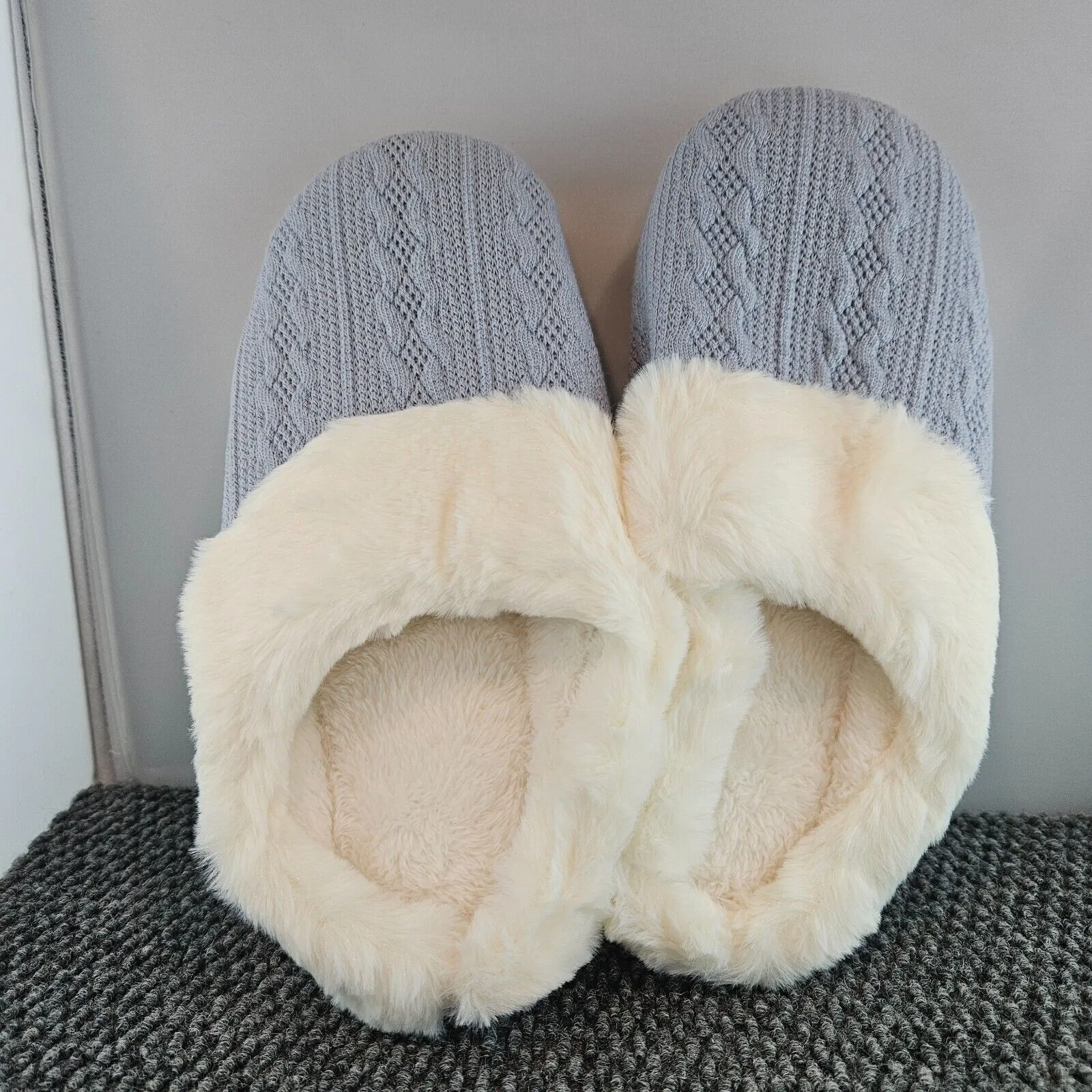 Faux Fur Knit Slippers For Women Lt. Sea Blue Size 7-8