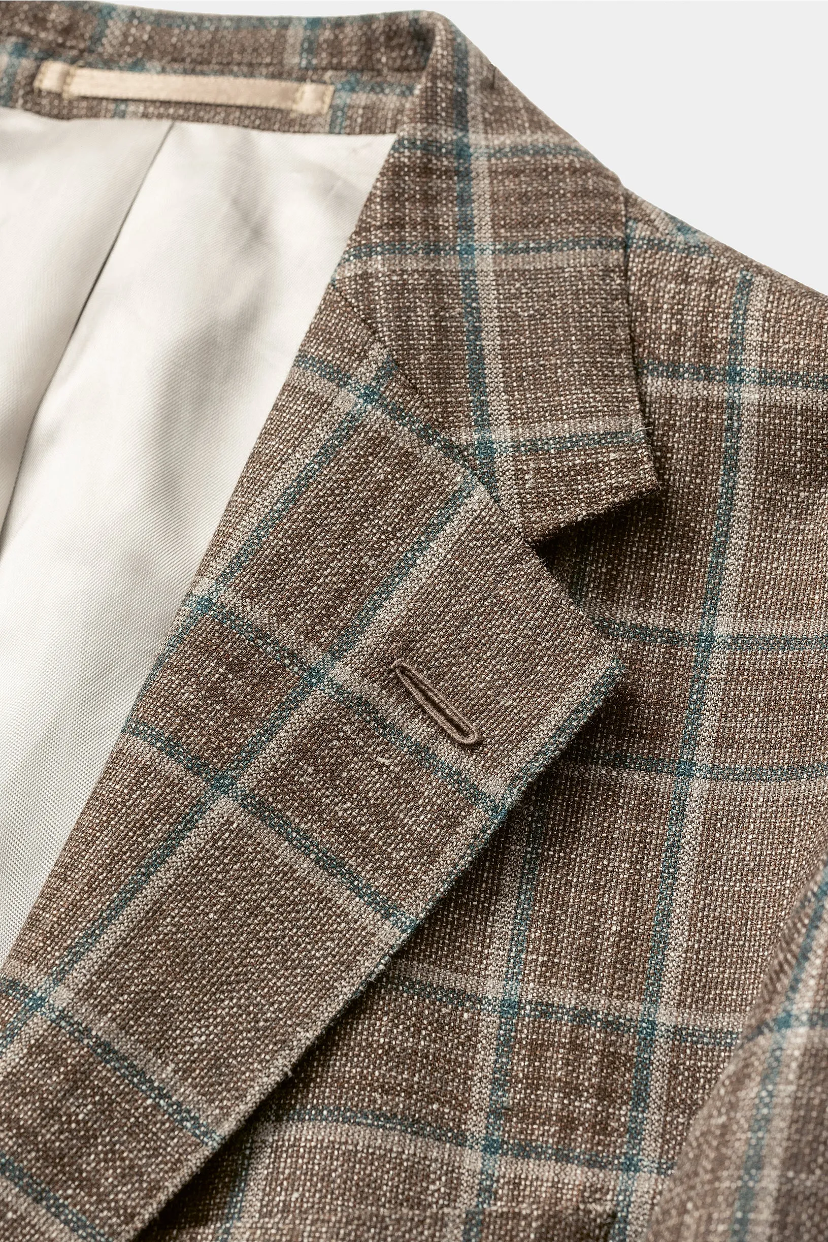 Fratelli Tallia Di Delfino Brown Wool, Silk & Linen Blend Check with Bottle Green Overcheck