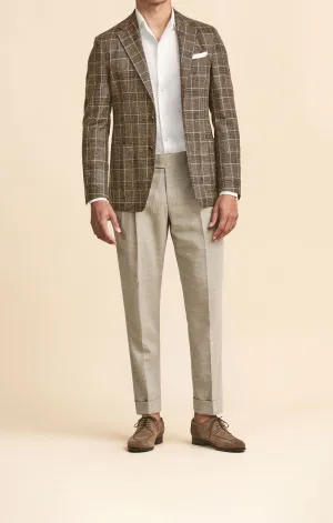 Fratelli Tallia Di Delfino Brown Wool, Silk & Linen Blend Check with Bottle Green Overcheck