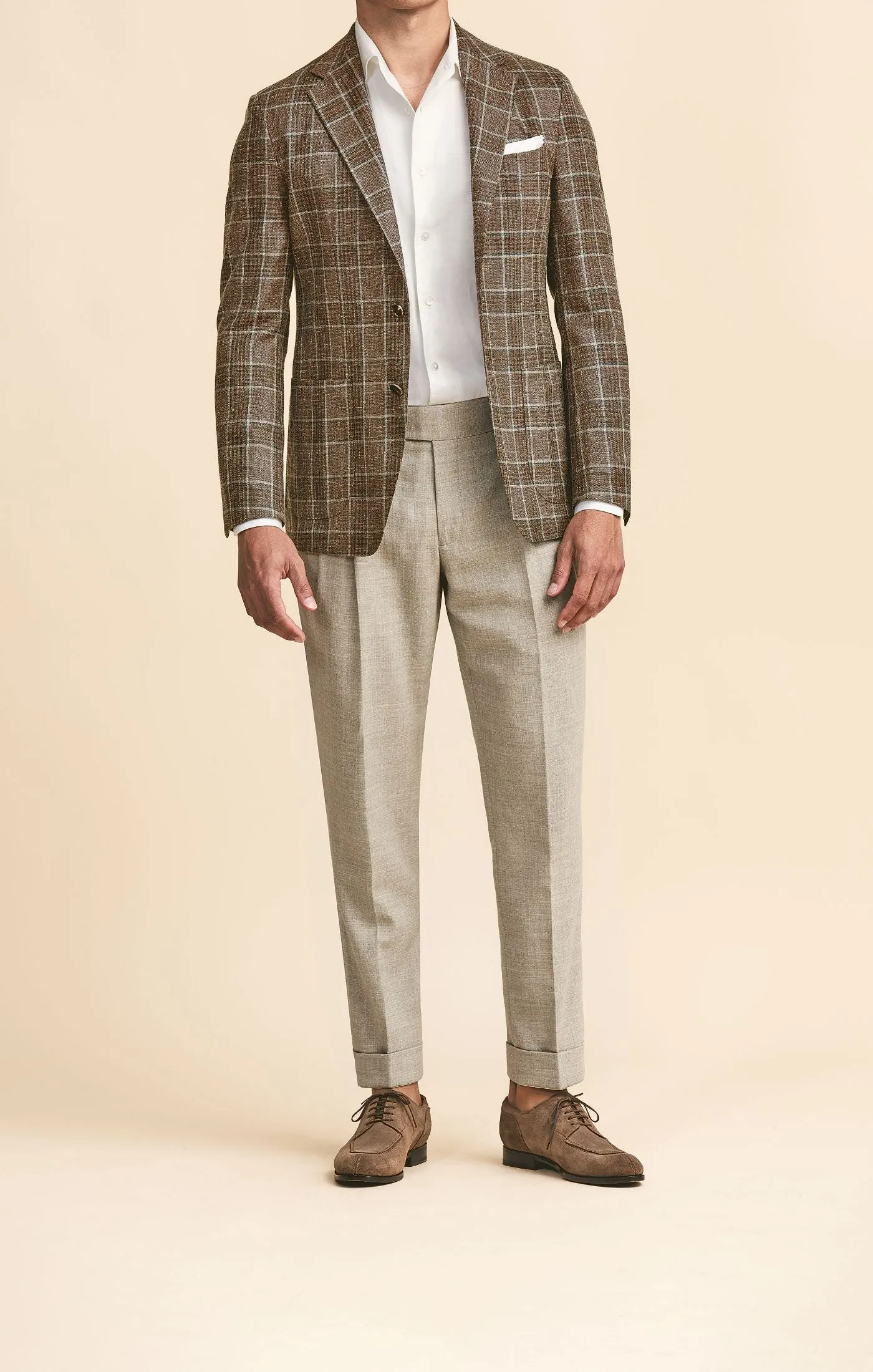 Fratelli Tallia Di Delfino Brown Wool, Silk & Linen Blend Check with Bottle Green Overcheck