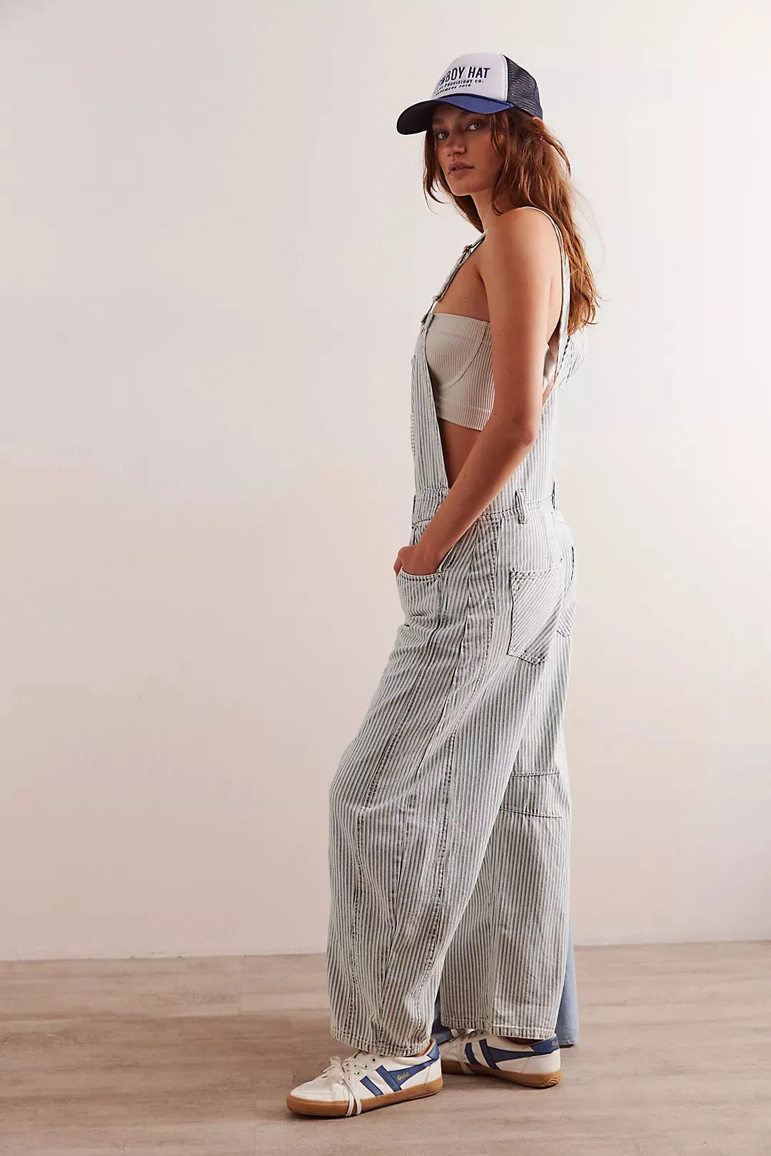 FREE PEOPLE Good Luck Striped Overalls - Indigo Railroad