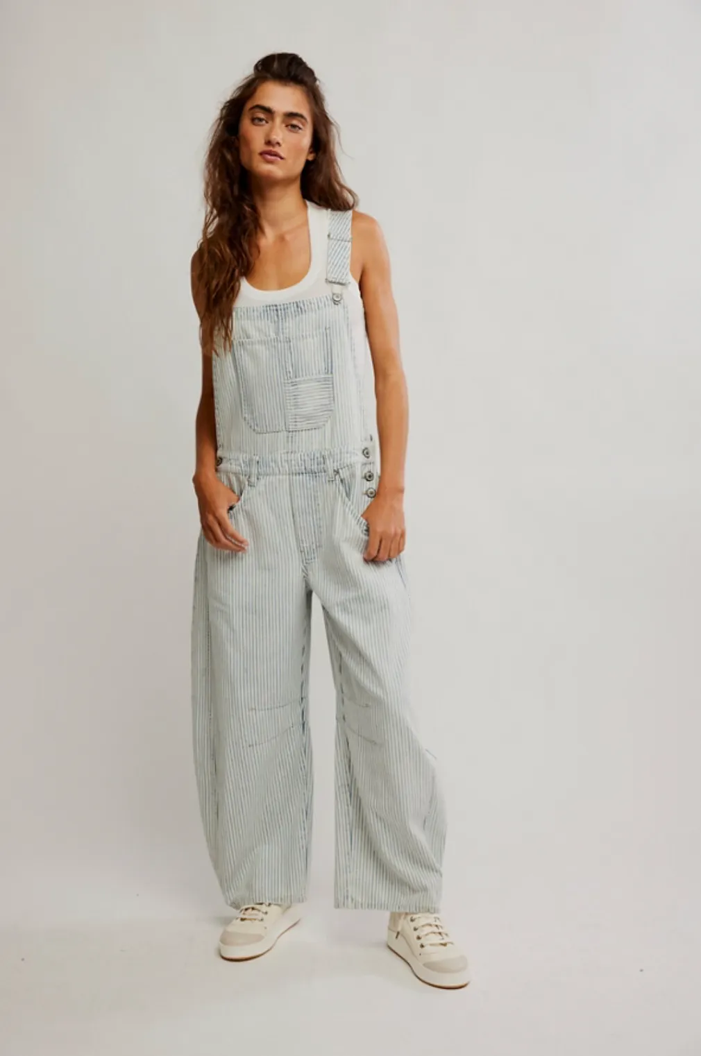 FREE PEOPLE Good Luck Striped Overalls - Indigo Railroad
