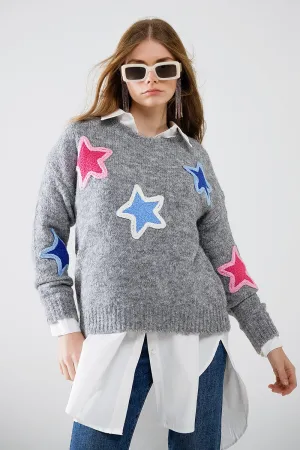 Grey Sweater With Embroidered Stars