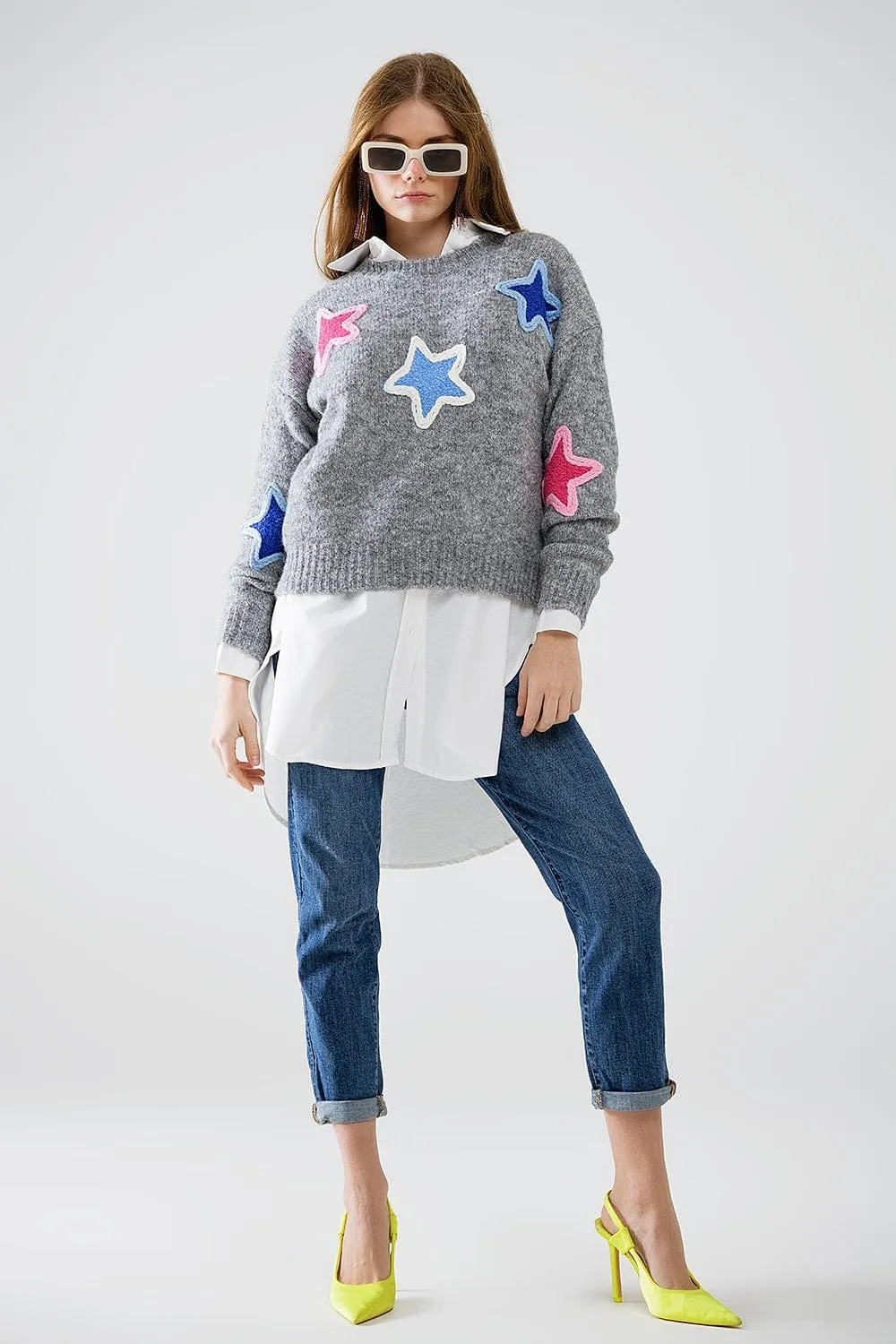 Grey Sweater With Embroidered Stars