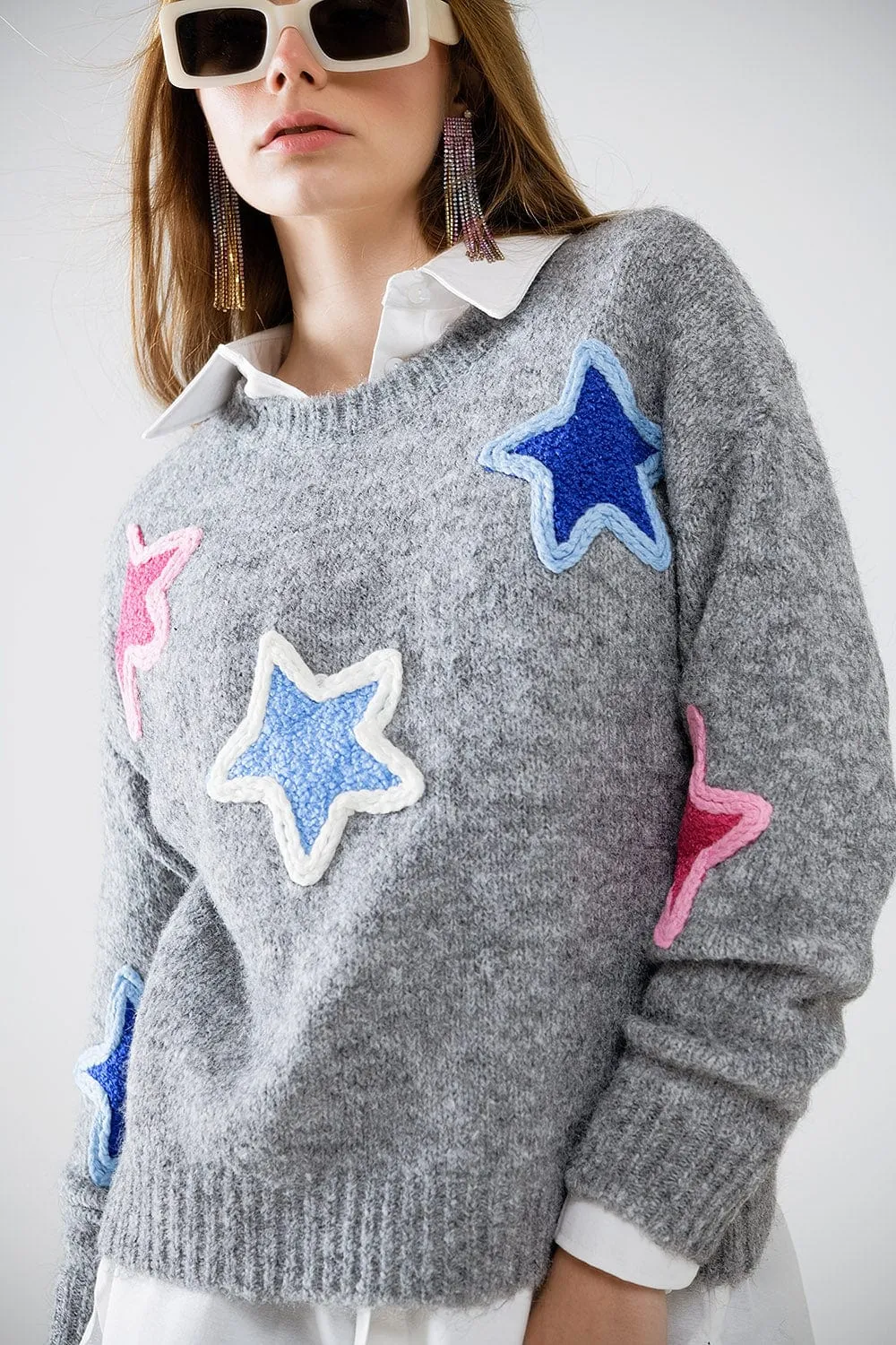 Grey Sweater With Embroidered Stars