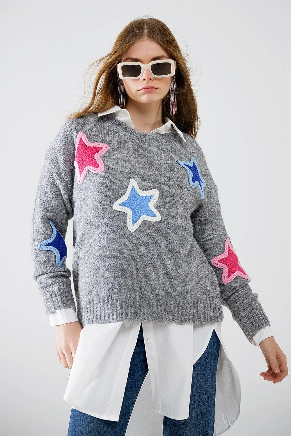 Grey Sweater With Embroidered Stars