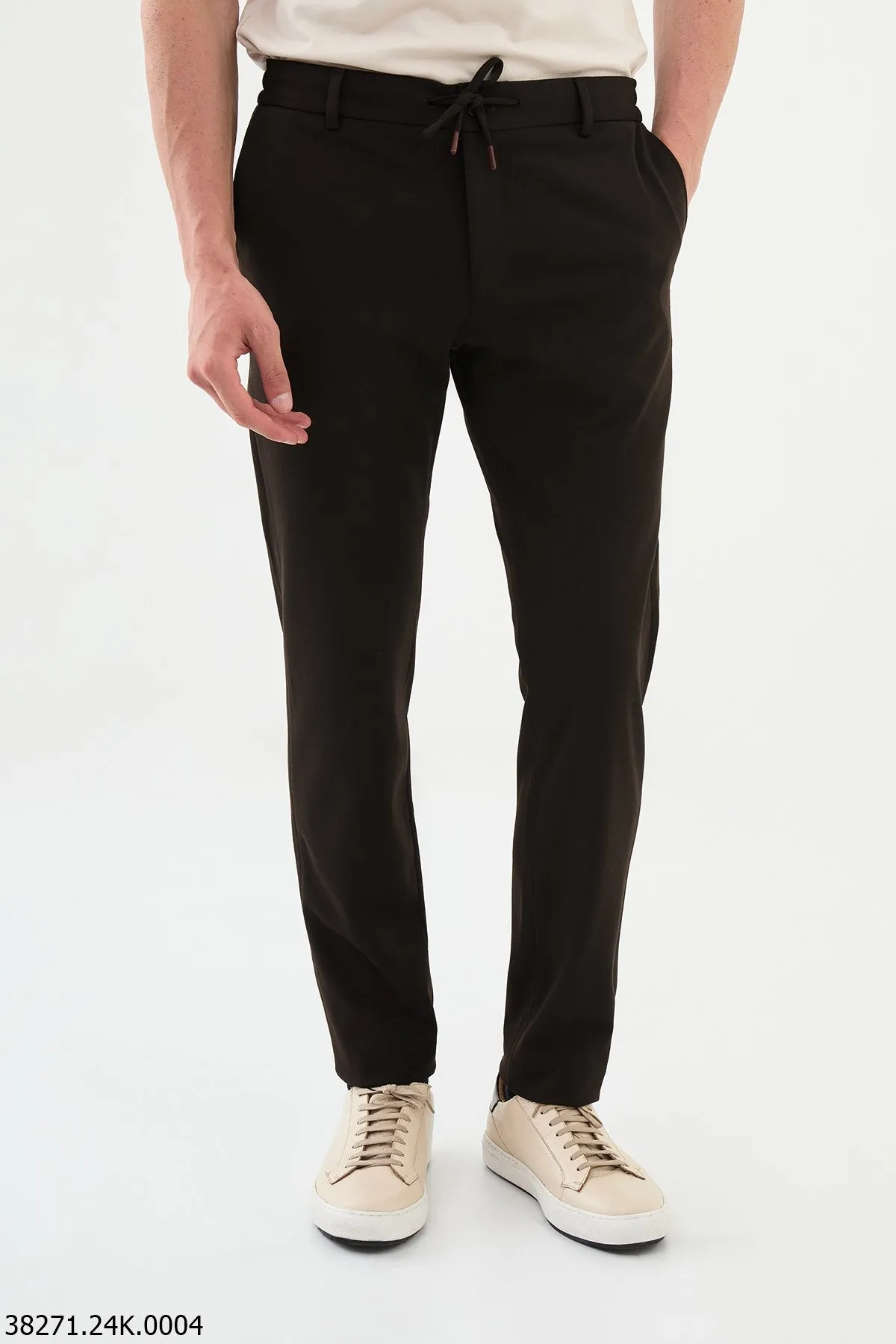 HolloMen Brown Slim-Fit Drawstring Trousers .