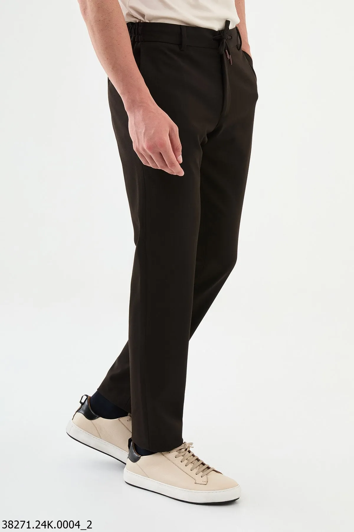 HolloMen Brown Slim-Fit Drawstring Trousers .