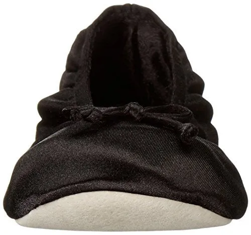 Isotoner Women's Satin Ballerina Slipper, Black, Medium/6.5-7.5 M US