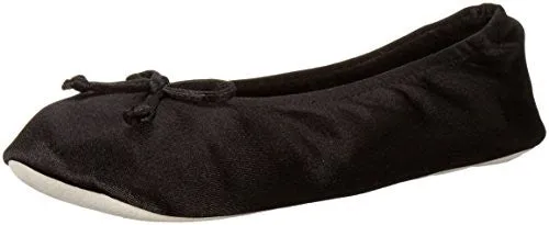 Isotoner Women's Satin Ballerina Slipper, Black, Medium/6.5-7.5 M US