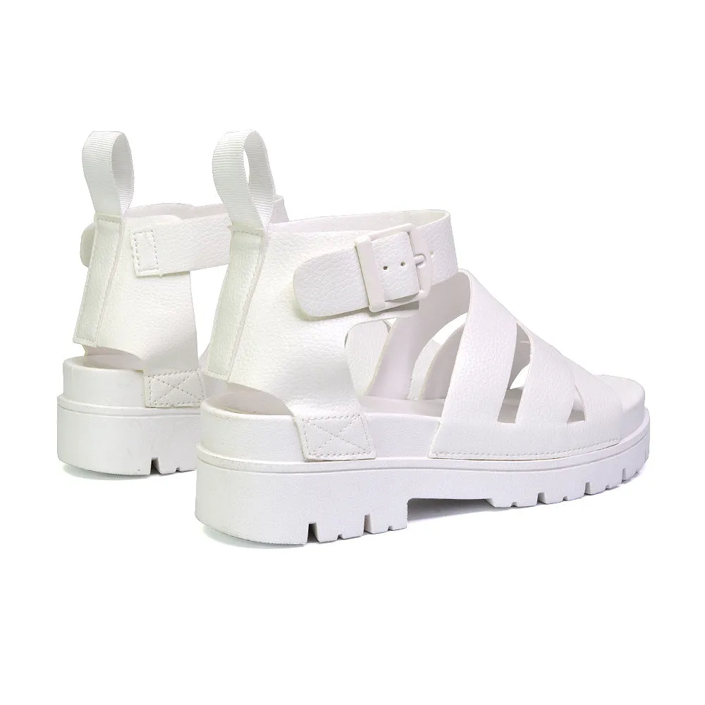 Jonas Chunky Flatform Sandals with Buckle Up Ankle Strap in White