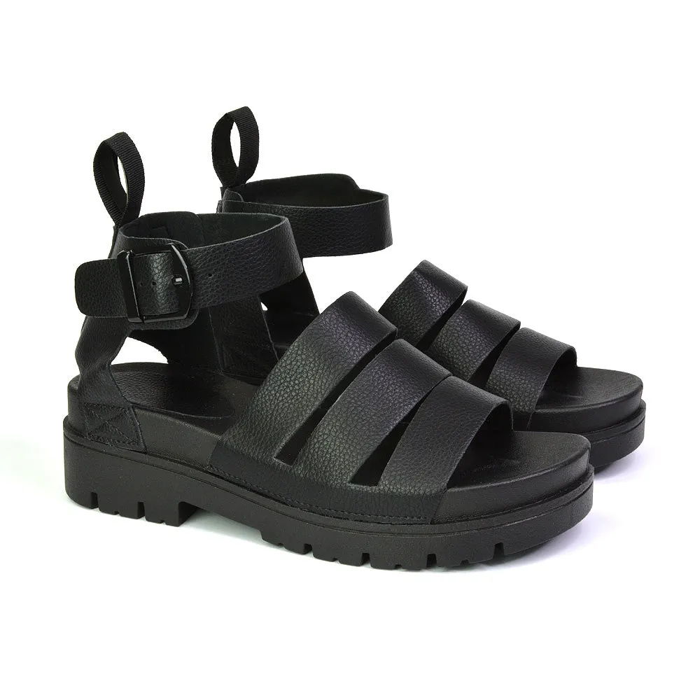 Jonas Chunky Flatform Sandals with Buckle Up Ankle Strap in White