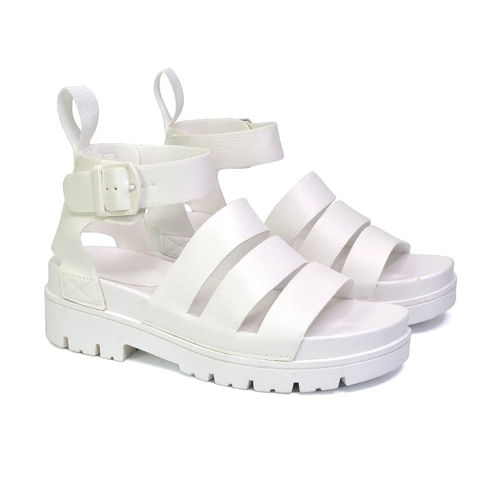 Jonas Chunky Flatform Sandals with Buckle Up Ankle Strap in White