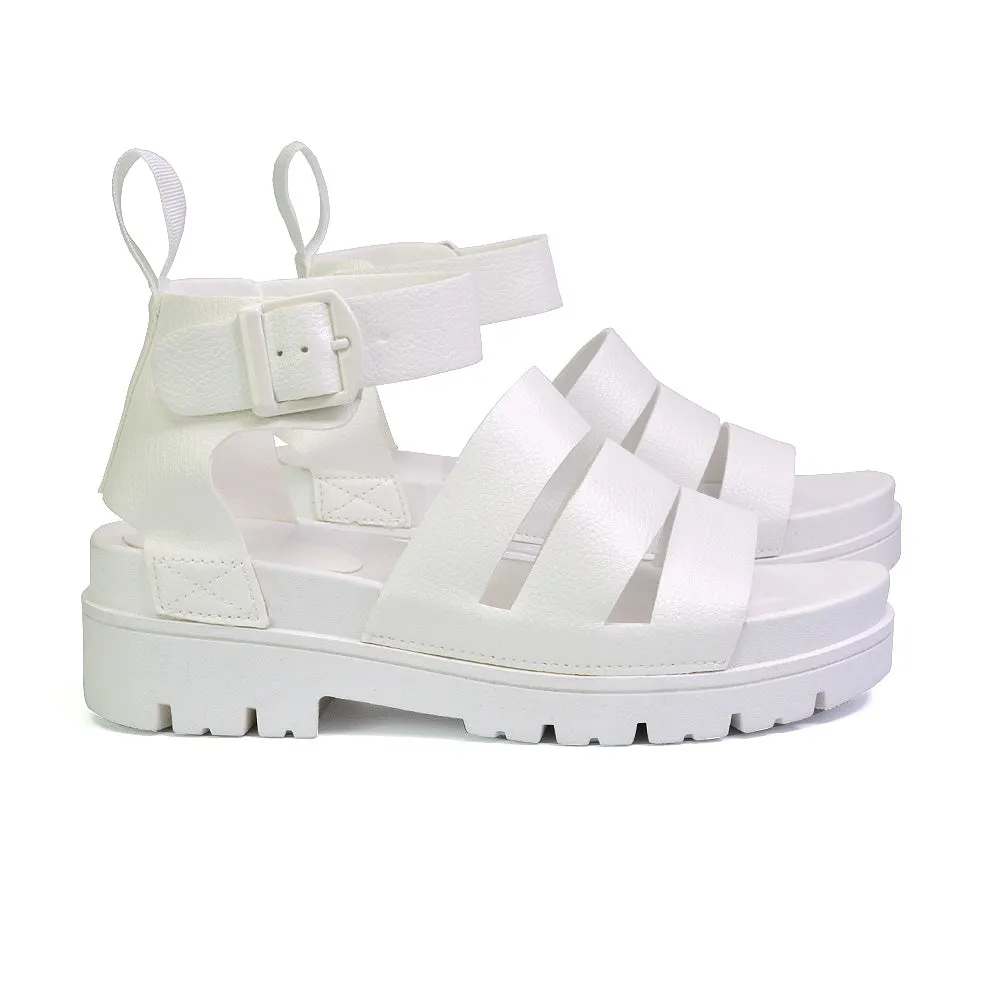 Jonas Chunky Flatform Sandals with Buckle Up Ankle Strap in White