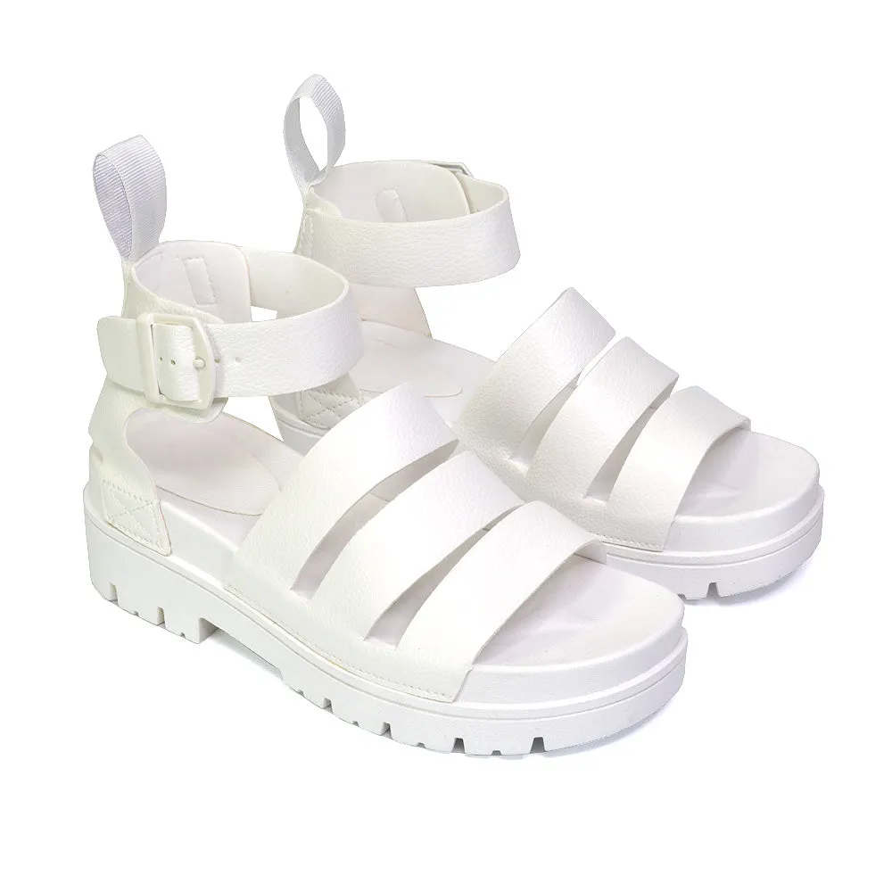Jonas Chunky Flatform Sandals with Buckle Up Ankle Strap in White