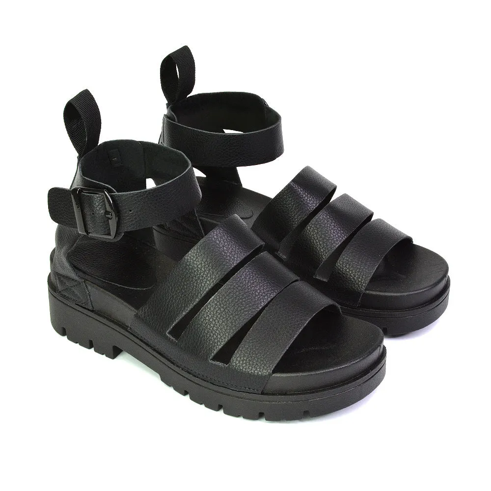 Jonas Chunky Flatform Sandals with Buckle Up Ankle Strap in White