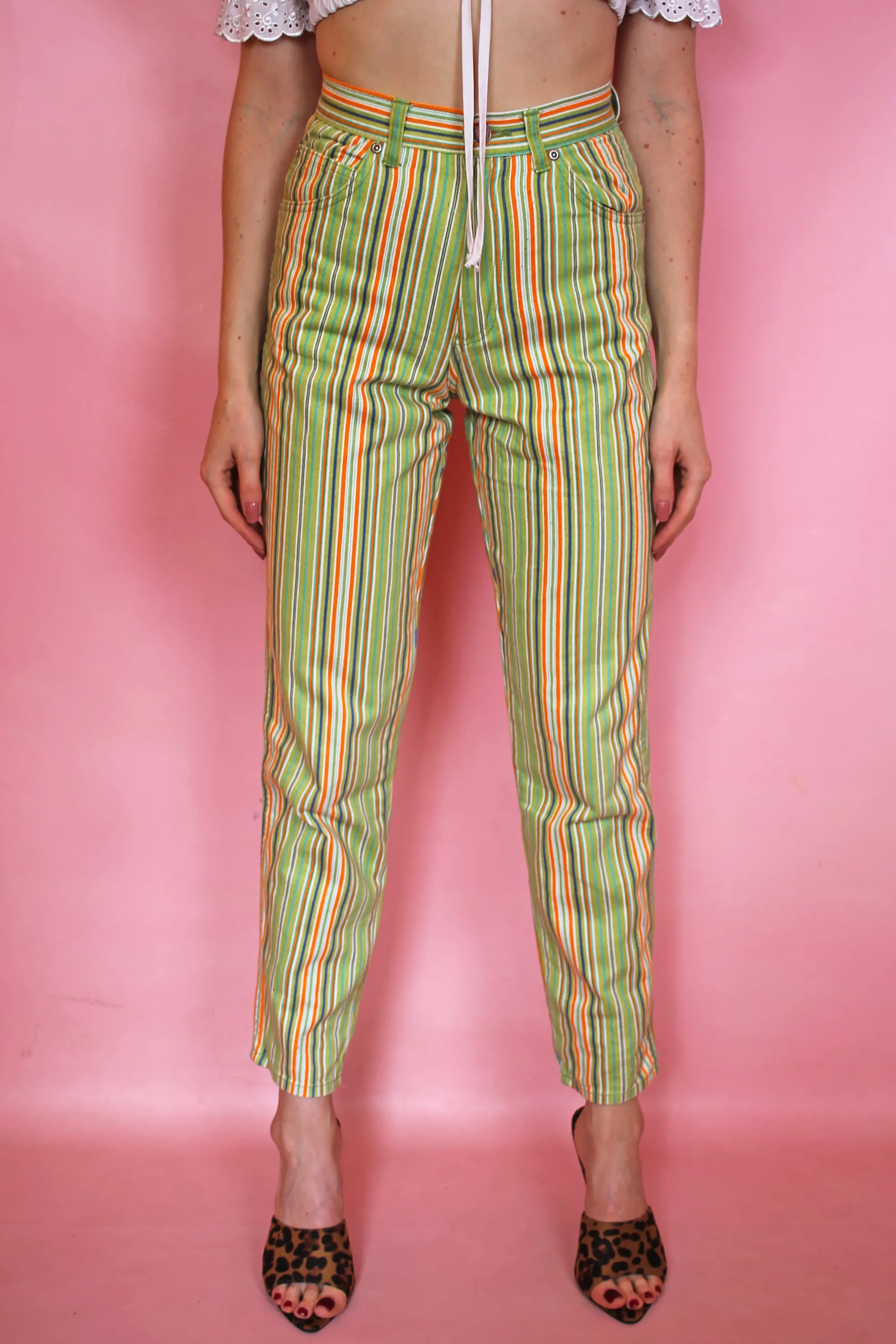 Lime Green & Orange Stripe Mom Jeans