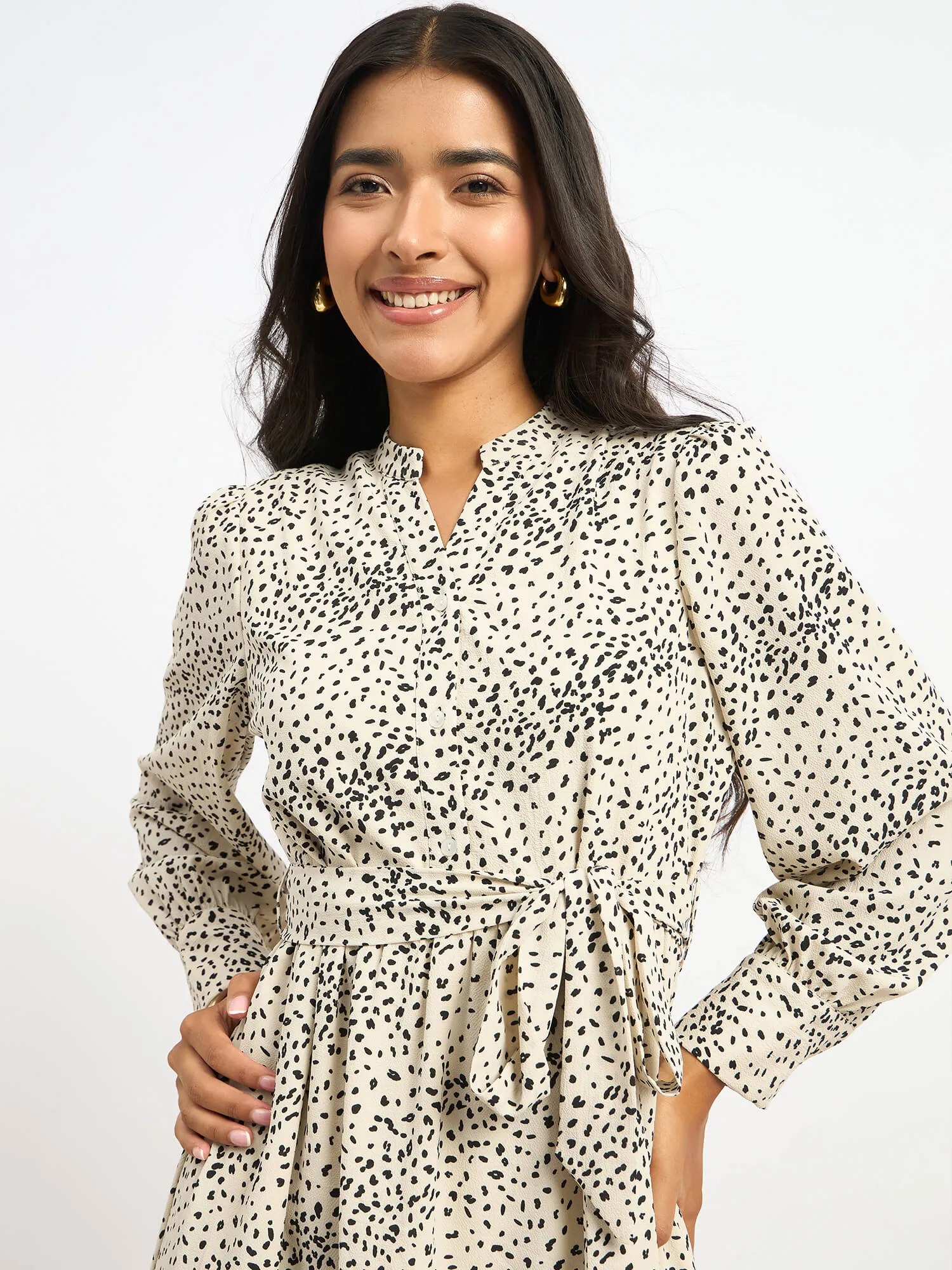 Lizbeth Short Belted Shirt Animal Print Dress - Beige & Black