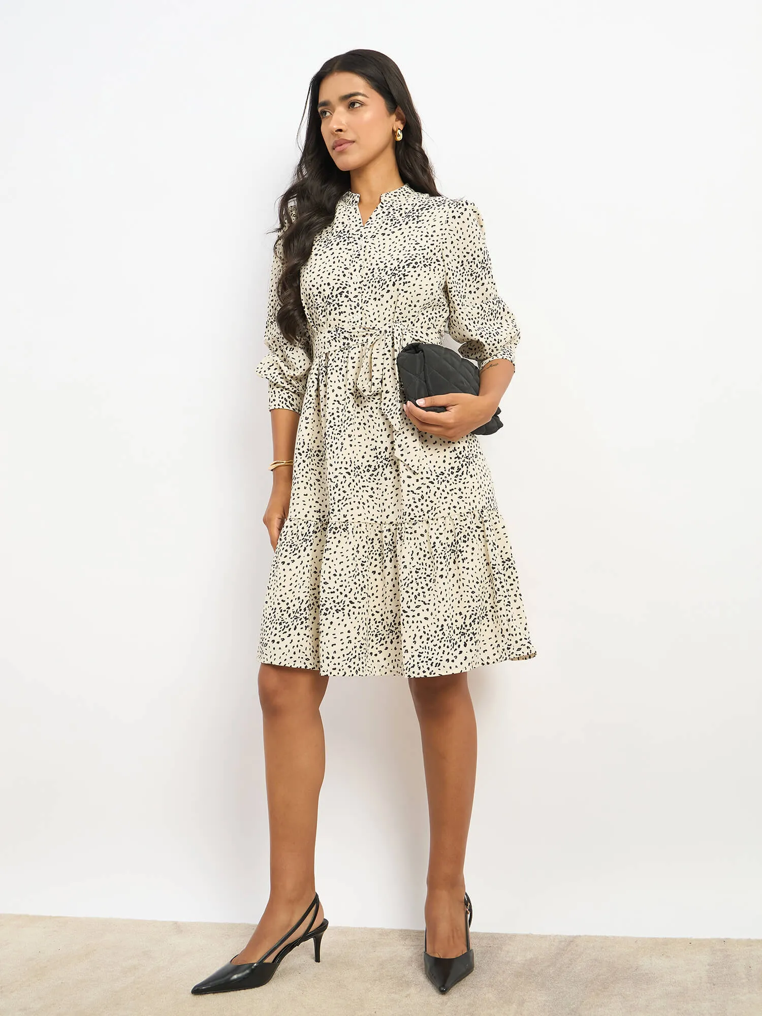 Lizbeth Short Belted Shirt Animal Print Dress - Beige & Black
