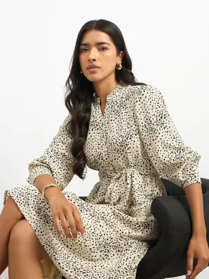 Lizbeth Short Belted Shirt Animal Print Dress - Beige & Black
