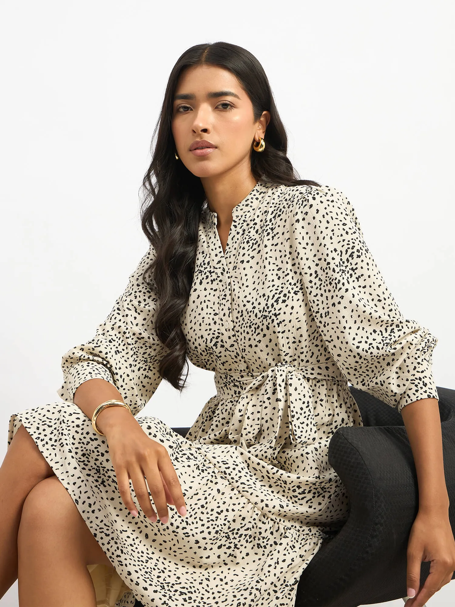 Lizbeth Short Belted Shirt Animal Print Dress - Beige & Black
