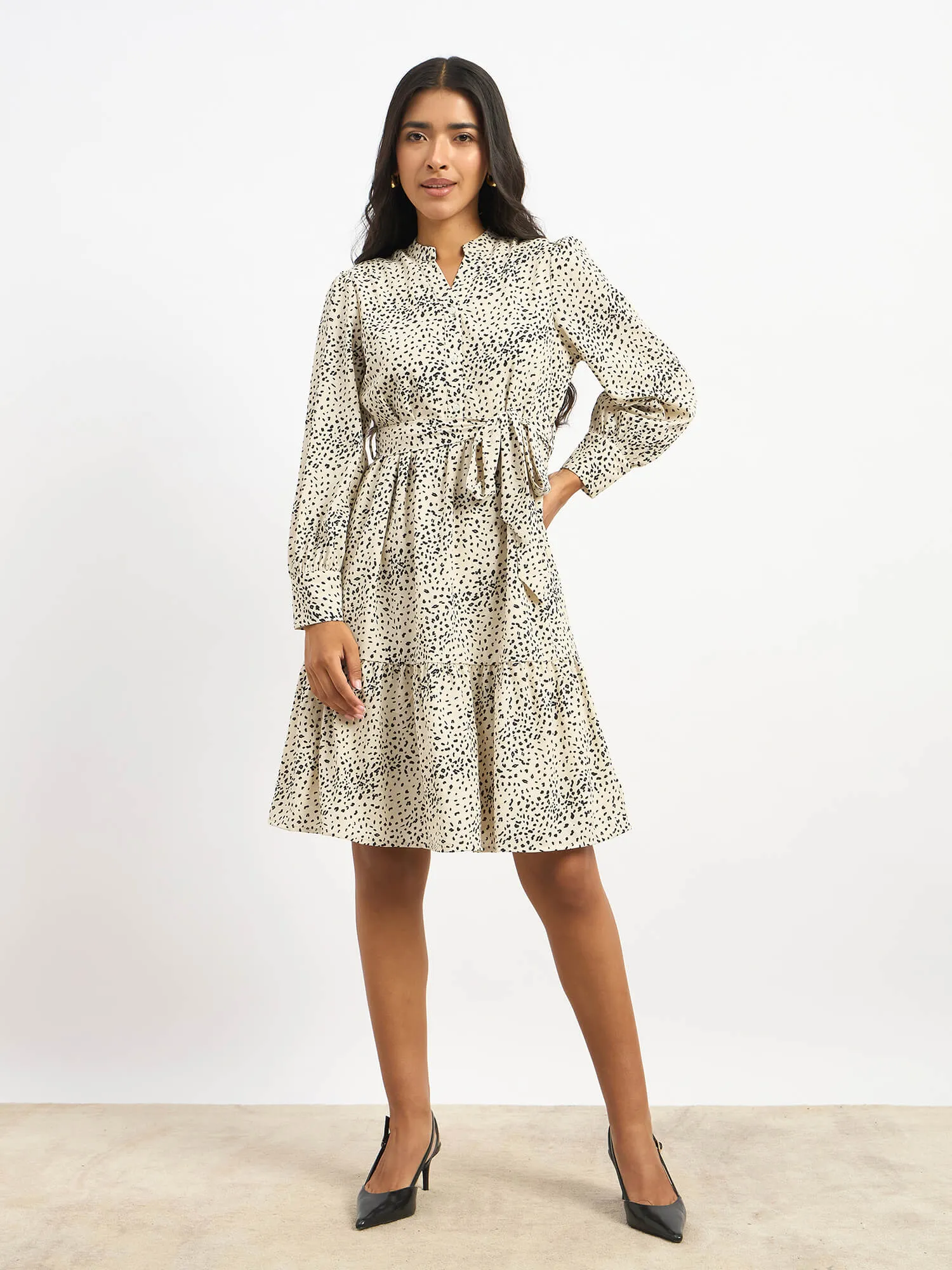 Lizbeth Short Belted Shirt Animal Print Dress - Beige & Black