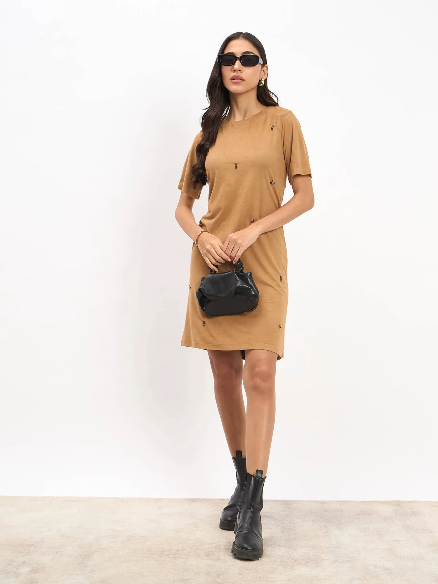 Macy Embellished Shift Dress - Camel/Beige