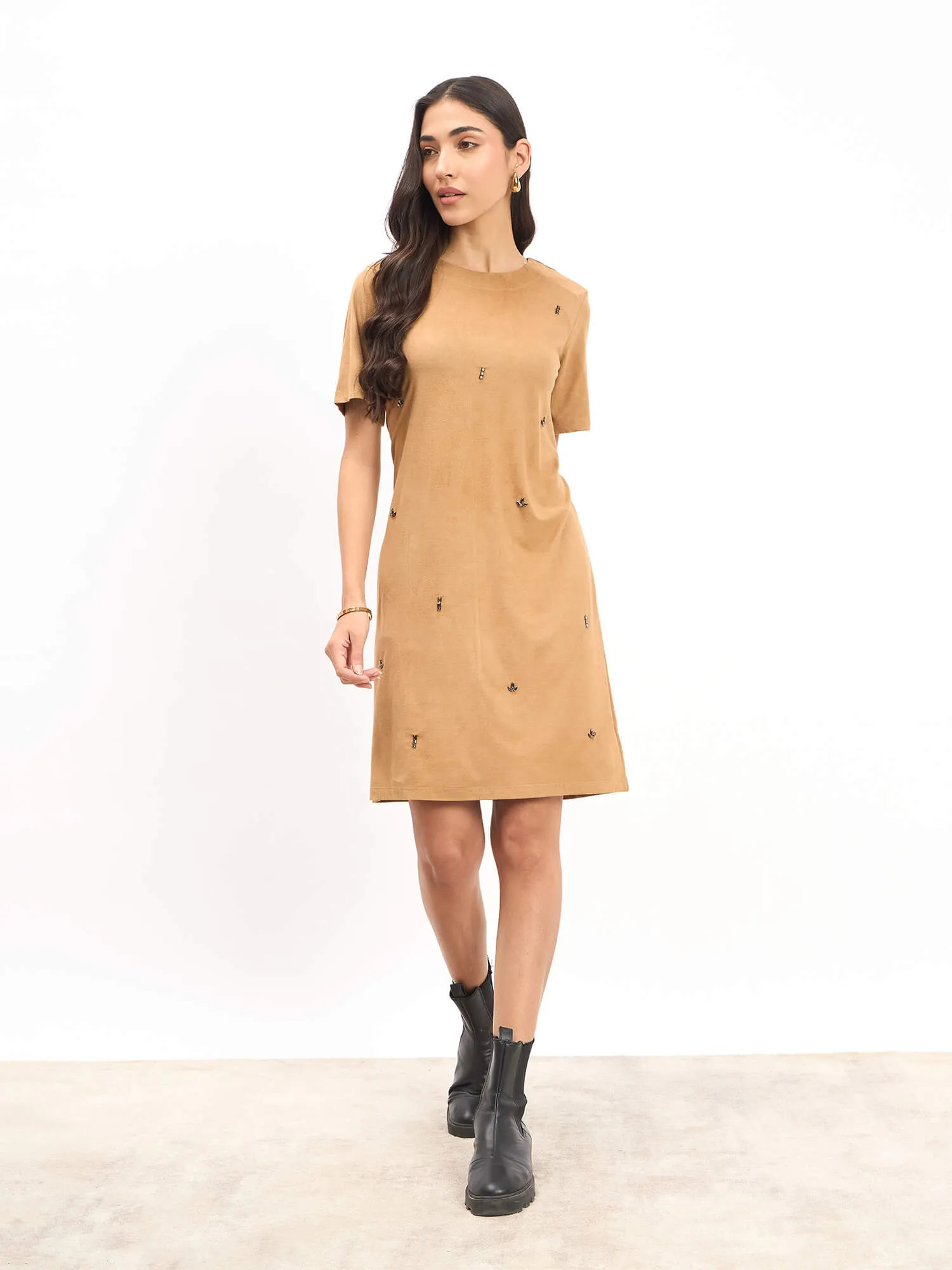 Macy Embellished Shift Dress - Camel/Beige