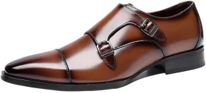 Men's Leather Buckle Strap Flat Loafers Classic Pointed Toe Anti-Slip Lug Sole Chunky Slip-On Loafers for Business Office Formal Shoes