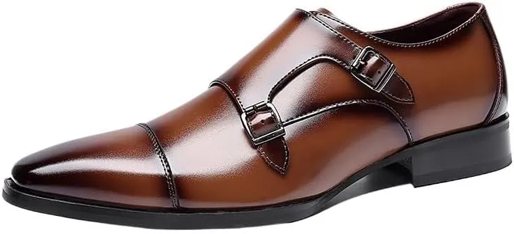 Men's Leather Buckle Strap Flat Loafers Classic Pointed Toe Anti-Slip Lug Sole Chunky Slip-On Loafers for Business Office Formal Shoes
