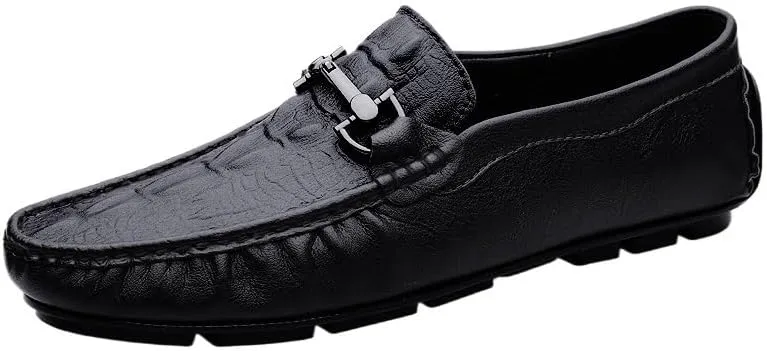 Men's Loafers - Lightweight Leather Slip-Ons with Round Toe, Crocodile Print, Flexible Flat Heel, Casual Driving Loafers, Anti-Slip Design