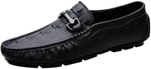 Men's Loafers - Lightweight Leather Slip-Ons with Round Toe, Crocodile Print, Flexible Flat Heel, Casual Driving Loafers, Anti-Slip Design