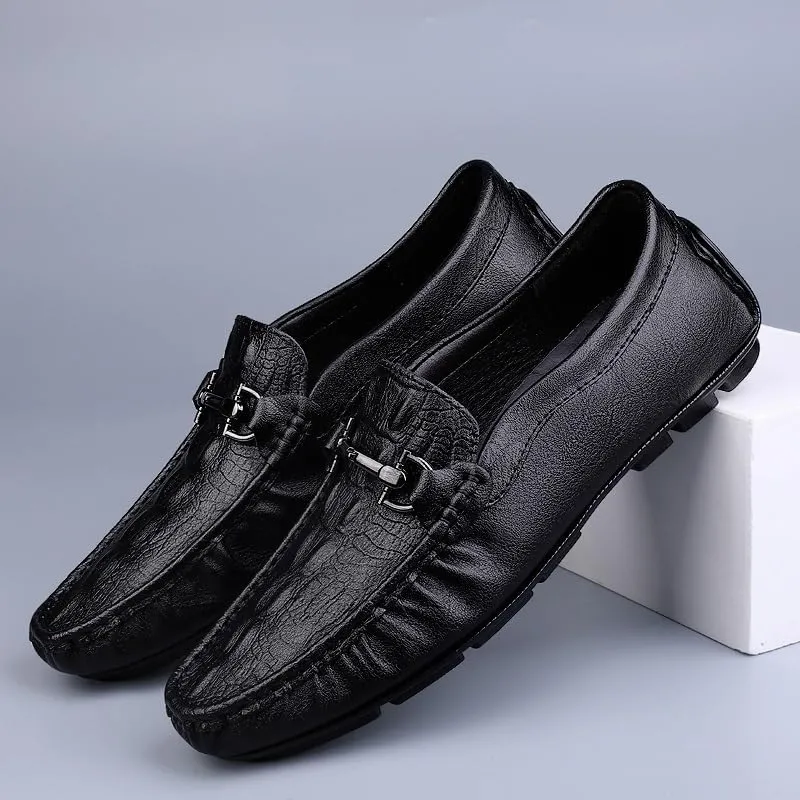 Men's Loafers - Lightweight Leather Slip-Ons with Round Toe, Crocodile Print, Flexible Flat Heel, Casual Driving Loafers, Anti-Slip Design