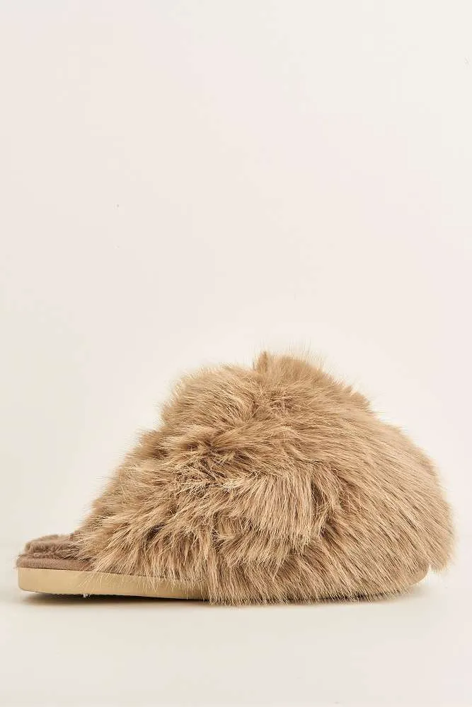 Mimi Fluffy Flat Slippers in Taupe