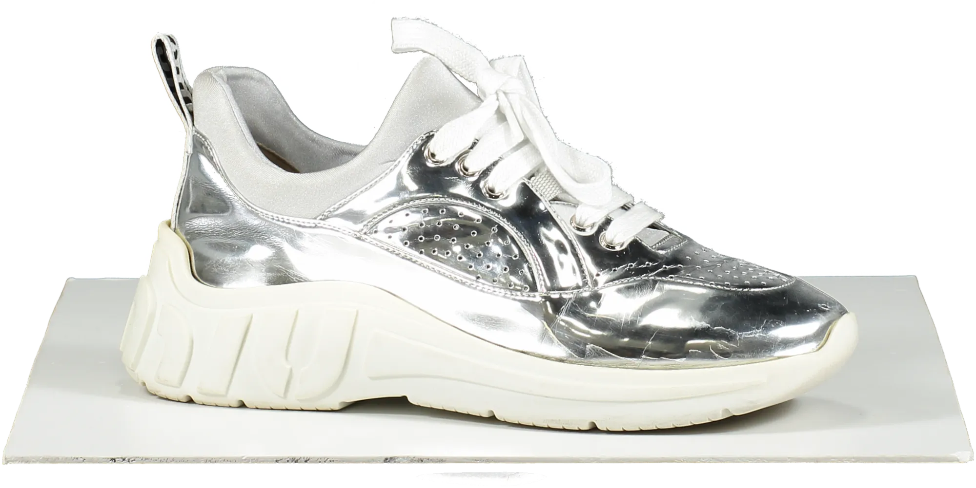 Miu Miu Metallic Silver Logo Heel Run Metal Tech Trainers UK 6 EU 39 