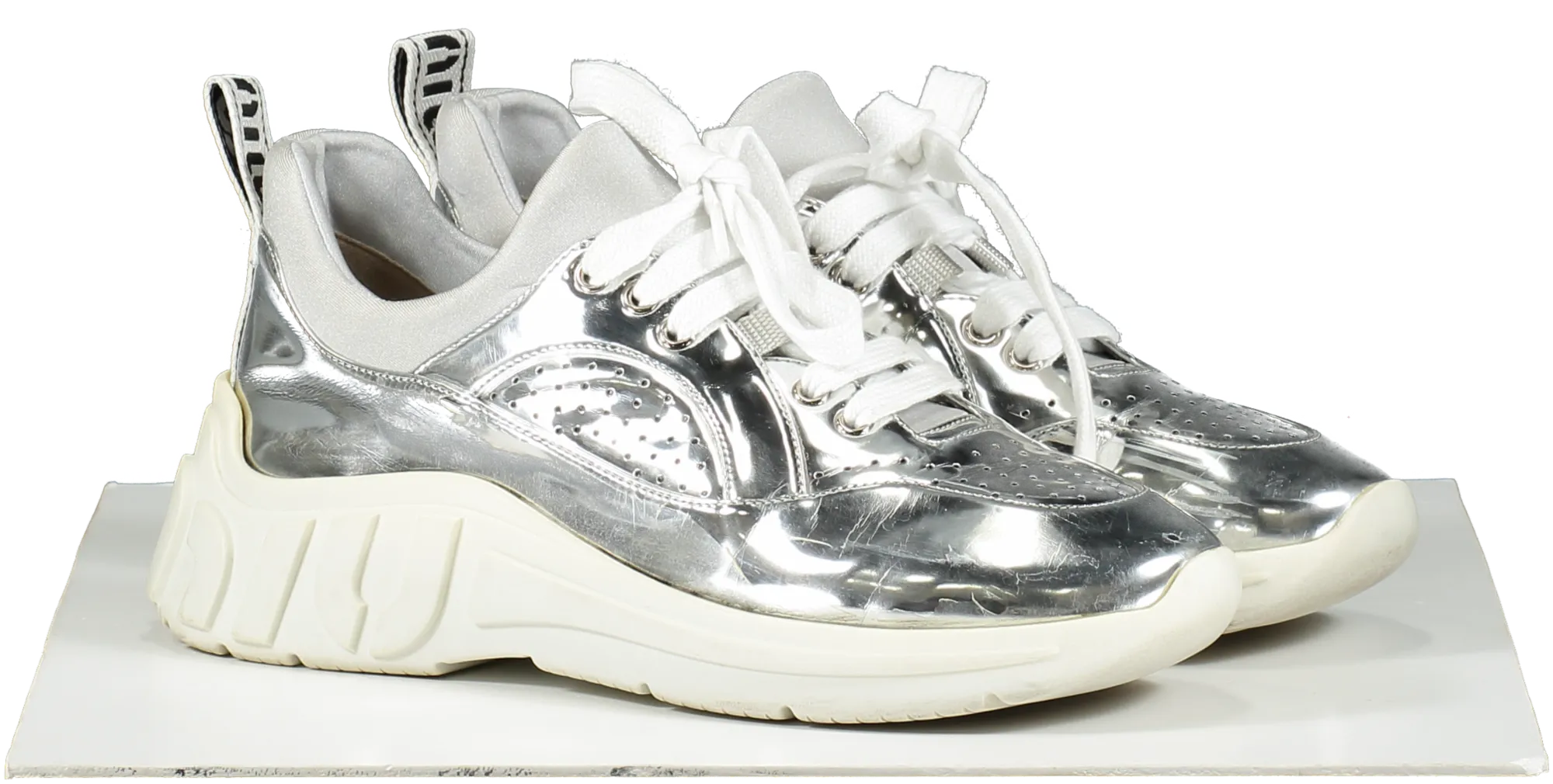 Miu Miu Metallic Silver Logo Heel Run Metal Tech Trainers UK 6 EU 39 