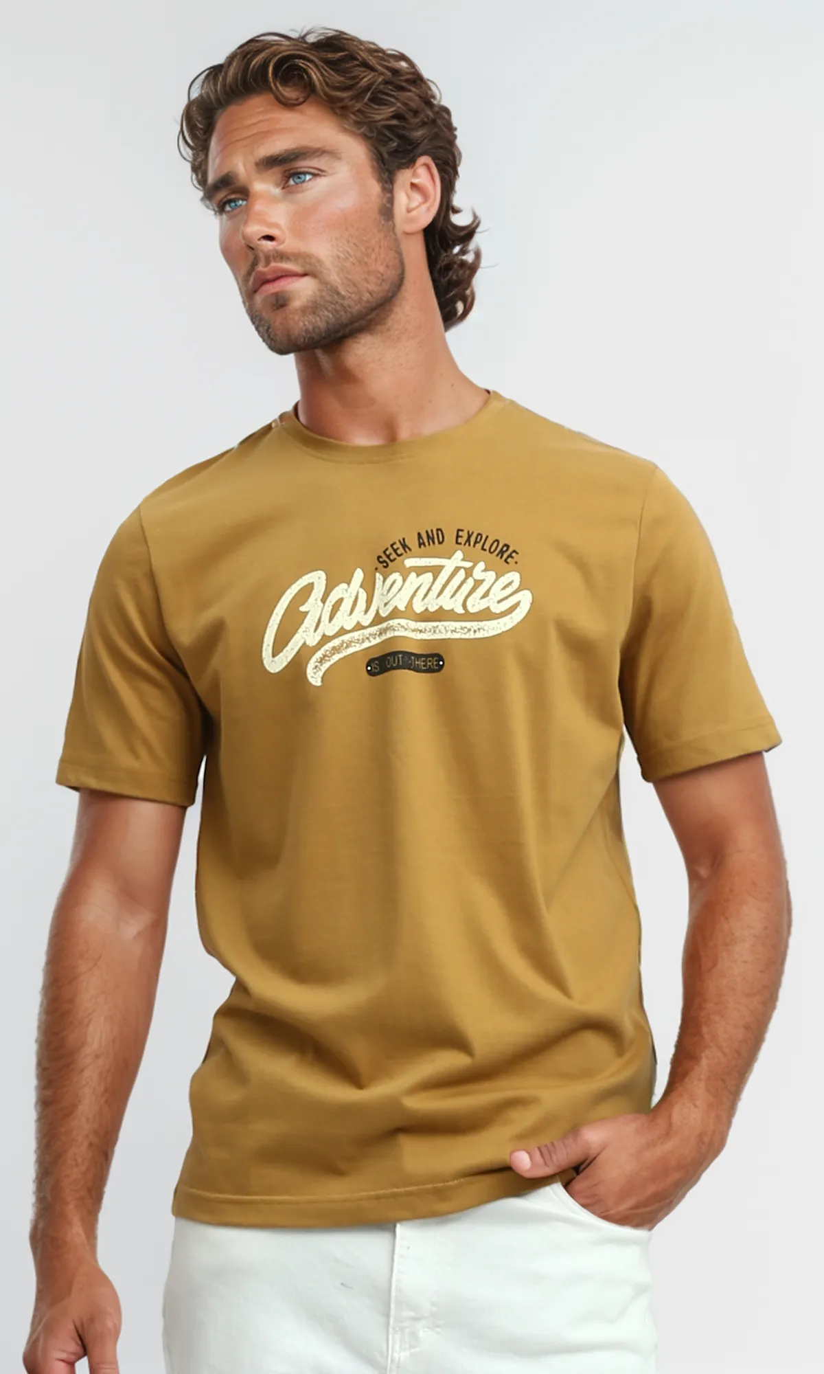 O182405 Mustard Short Sleeves Slip On Printed Tee