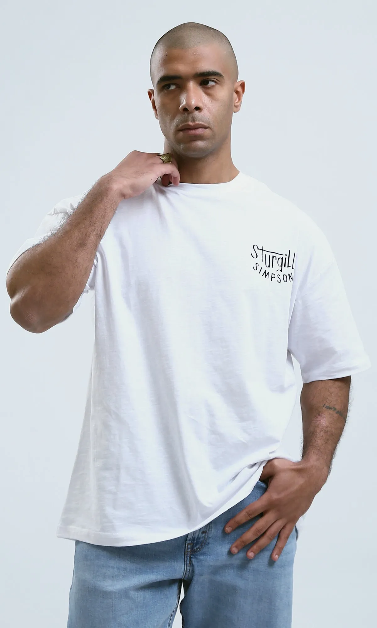 o188725 - Elbow-Sleeves Heather White Tee with Front & Back Print