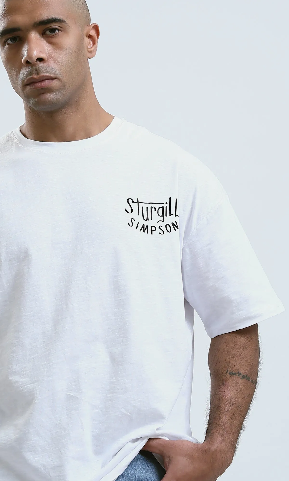 o188725 - Elbow-Sleeves Heather White Tee with Front & Back Print