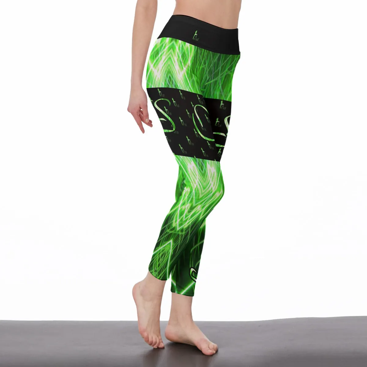 Officially Sexy Neon Green Laser Collection Hearts High Waist Thigh High Booty Popper Leggings OS On Front and Back (English)