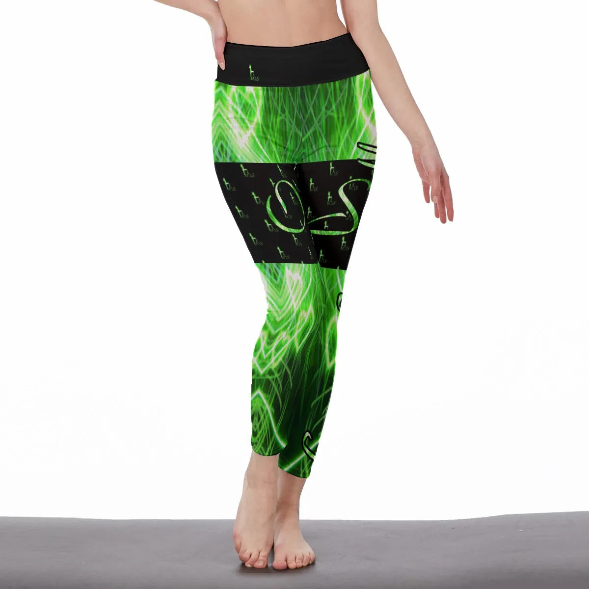 Officially Sexy Neon Green Laser Collection Hearts High Waist Thigh High Booty Popper Leggings OS On Front and Back (English)