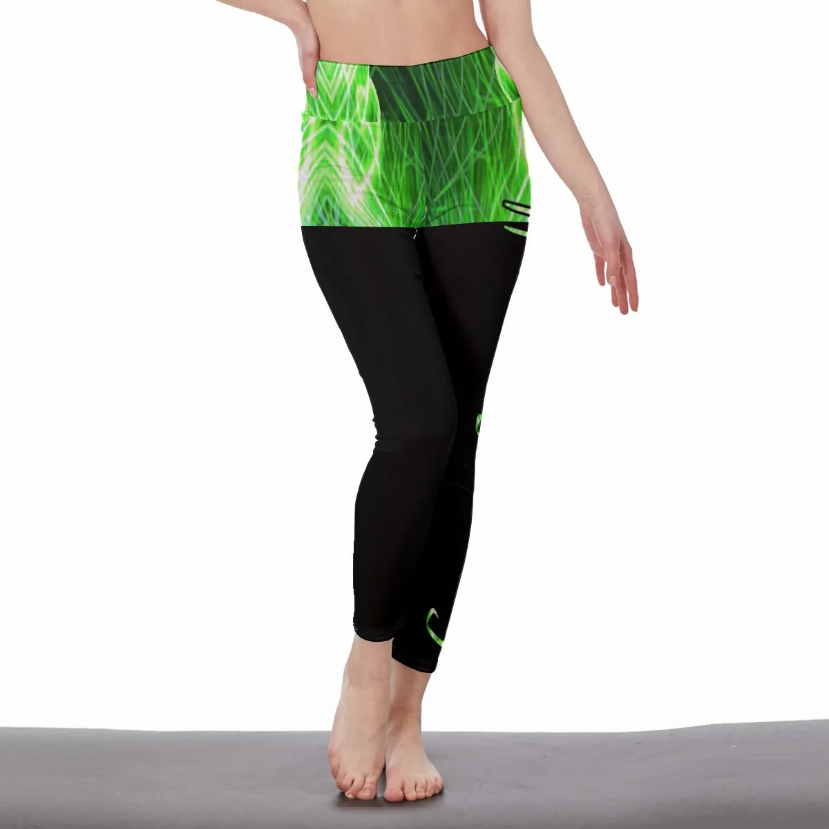 Officially Sexy Neon Green Laser Hearts Collection High Waist Black Booty Popper Leggings (English)