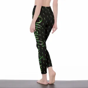 Officially Sexy Neon Green Laser Hearts High Waist Black Leggings With Repeated Girl Standing on OS Logo (English)