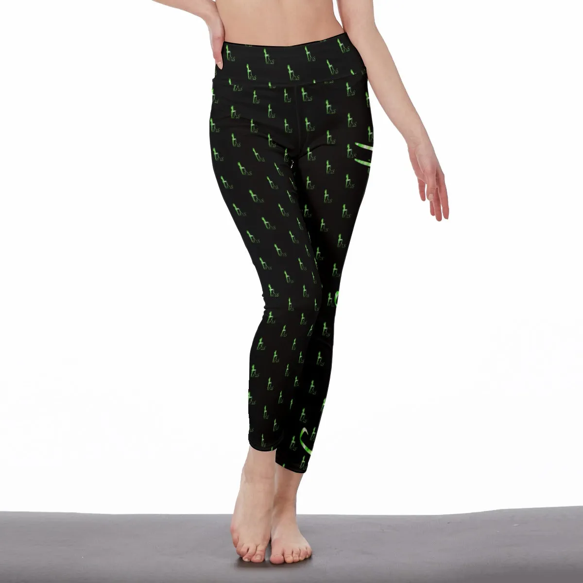Officially Sexy Neon Green Laser Hearts High Waist Black Leggings With Repeated Girl Standing on OS Logo (English)