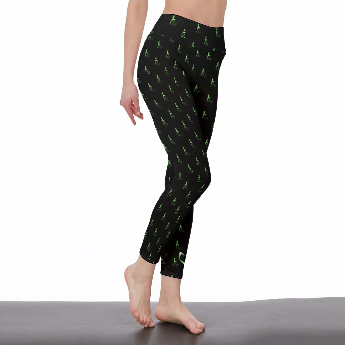 Officially Sexy Neon Green Laser Hearts High Waist Black Leggings With Repeated Girl Standing on OS Logo (English)