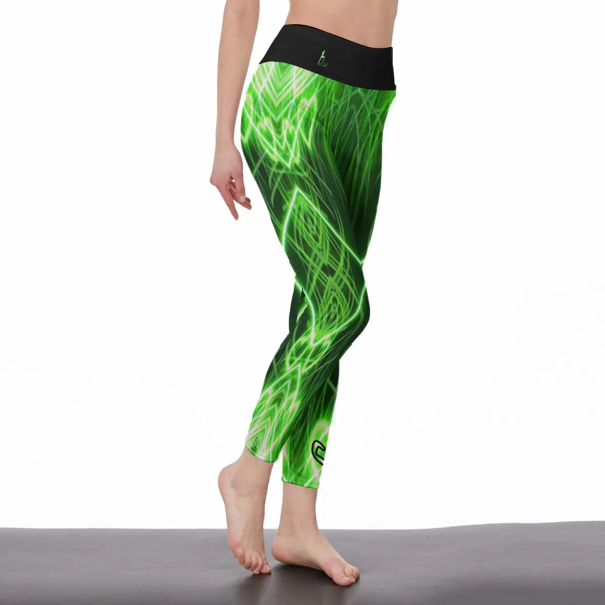 Officially Sexy Neon Green Laser Hearts High Waist Leggings With Black Waistband (English)