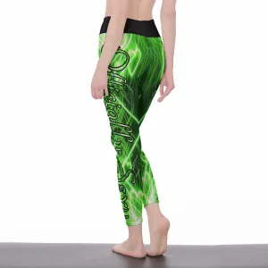 Officially Sexy Neon Green Laser Hearts High Waist Leggings With Black Waistband (English)
