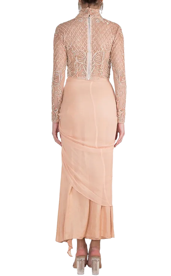 Peach Embroidered Blouse With Knotted Skirt